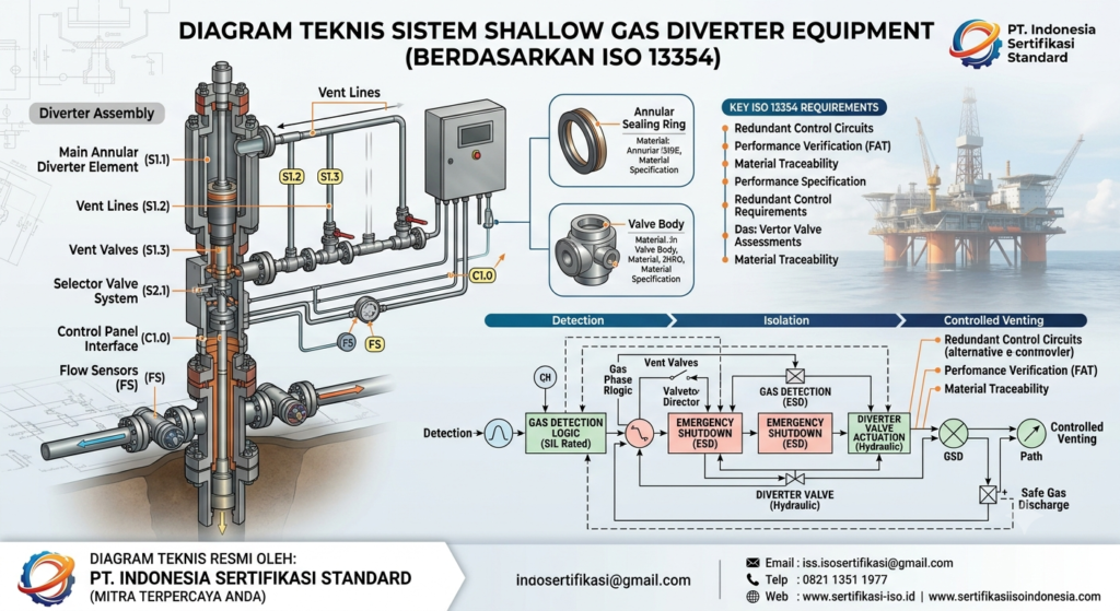 Diagram teknis sistem shallow gas diverter equipment berdasarkan standar keselamatan ISO 13354 migas