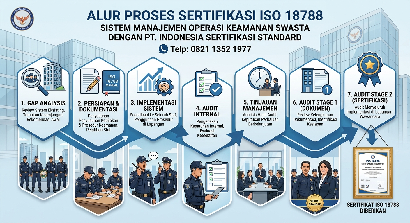 Alur proses sertifikasi ISO 18788 mulai dari gap analysis hingga audit stage 2 bersama PT. Indonesia sertifikasi standard