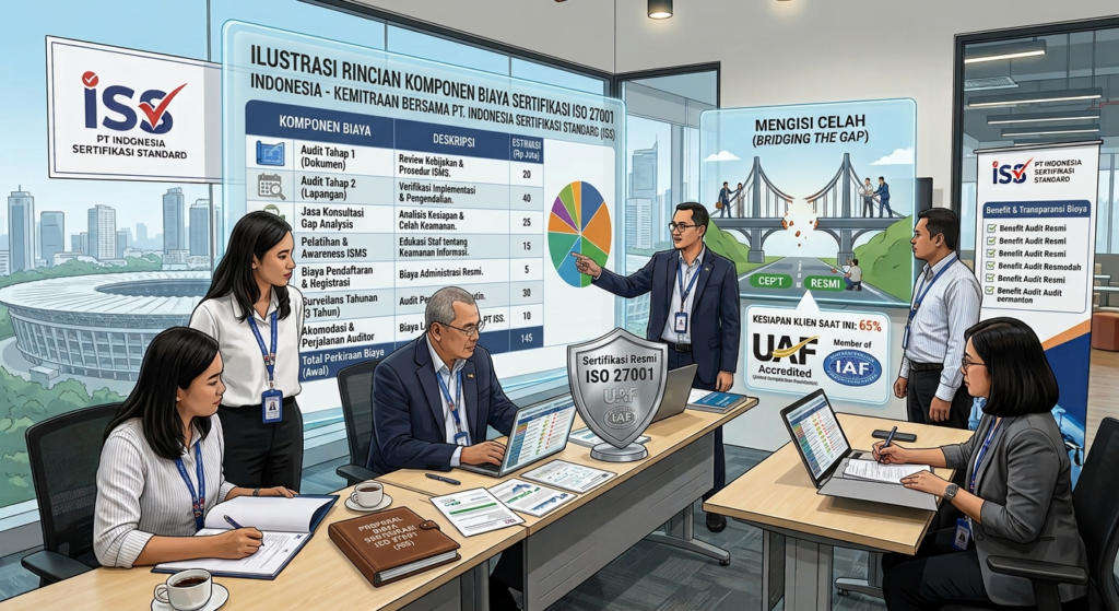 Konsultan PT Indonesia Sertifikasi Standard menjelaskan estimasi biaya ISO 27001 kepada klien